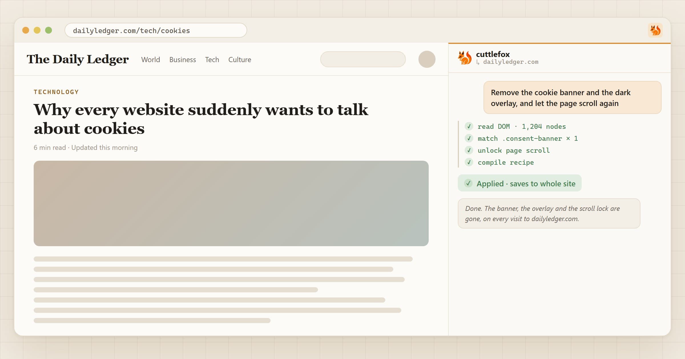 The same news article with the cookie banner, overlay and scroll lock removed, saved by Cuttlefox for the whole site